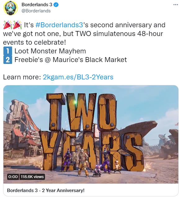 《无主之地3》9月14日庆祝发售两周年，上线两款纪念活动